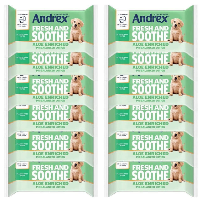 x12 Andrex Fresh & Soothe Aloe Enriched Hygine 36 Wipes