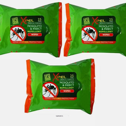 x3 XPEL Mosquito & Insect Repellent Wipes Long Lasting Protection - 25 Wipes